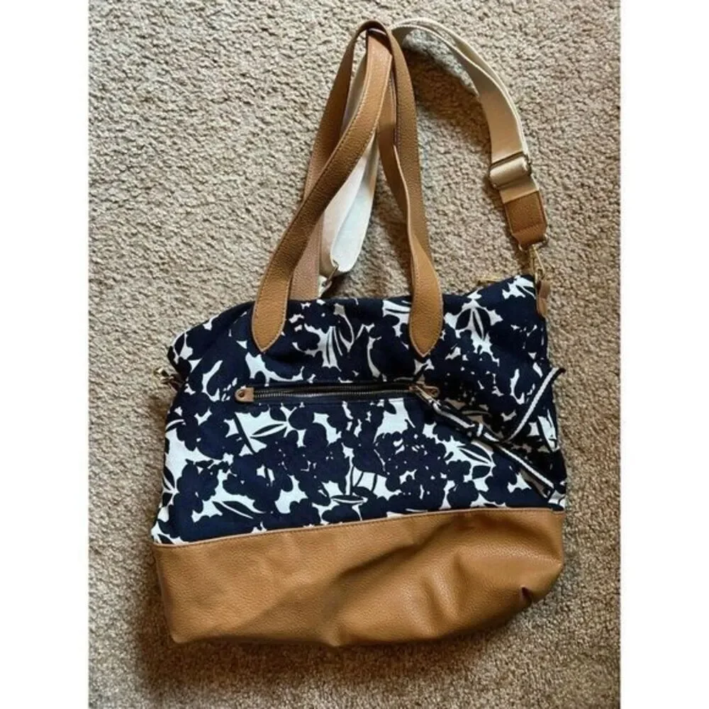 Navy Floral Canvas Tote Bag with Tan Leather Trim and Convertible Shoulder Strap